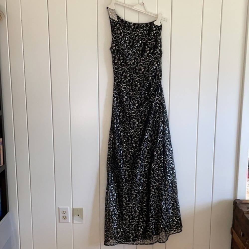 Holiday Party Dress Metallic Lace Gown Formal Black Silver Calvin Klein - Picture 11 of 12